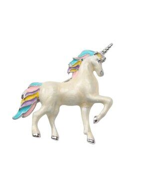 Enamel Unicorn Brooch Colorful Pastel Mane Silver Tone